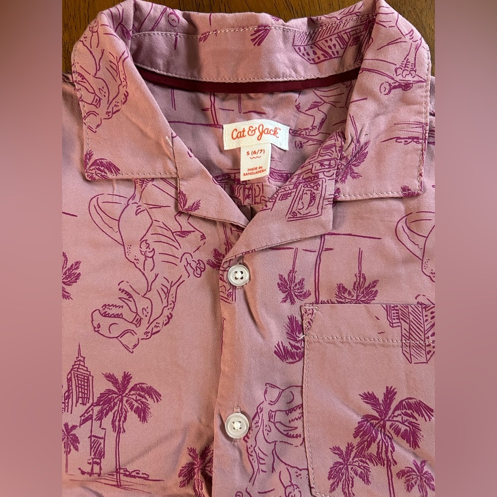 Dino Skateboard Button-Up Shirt | Boy Size 6/7 | Mauve | Vacation Collared Shirt - Picture 4 of 5